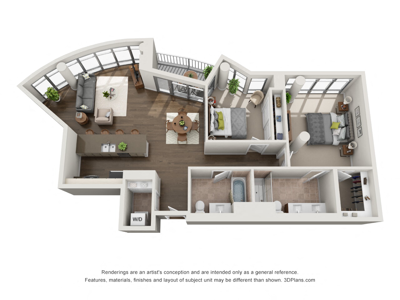 Floor plan for 2 beds, 2 baths, 1233 sqft